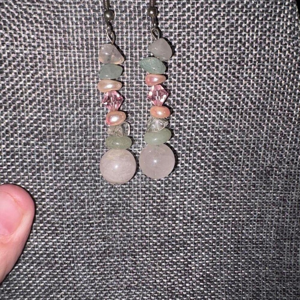 Multi-colored crystal earrings with pink, green, and clear beads, rose quartz, j